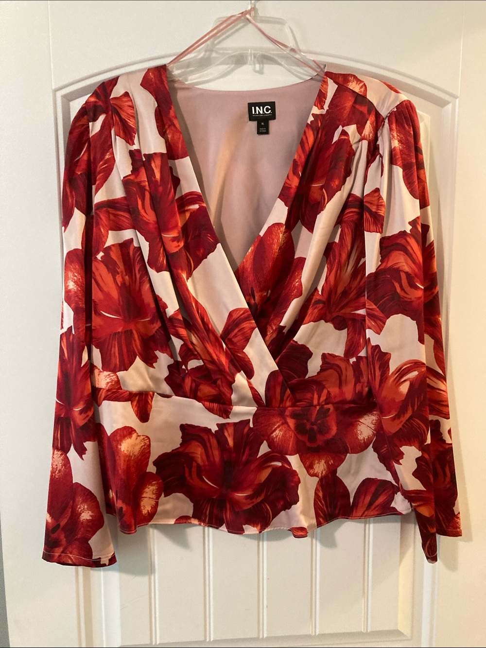 INC International Concepts Red Floral Wrap Blouse